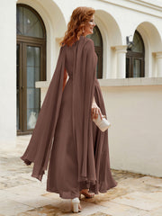 Robe de A-ligne à Col en Bijou Longueur de Mollet en Mousseline Chocolat