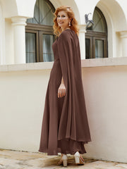 Robe de A-ligne à Col en Bijou Longueur de Mollet en Mousseline Chocolat