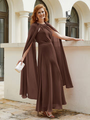 Robe de A-ligne à Col en Bijou Longueur de Mollet en Mousseline Chocolat