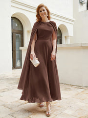 Robe de A-ligne à Col en Bijou Longueur de Mollet en Mousseline Chocolat