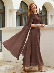 Robe de A-ligne à Col en Bijou Longueur de Mollet en Mousseline Chocolat