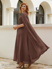 Robe de A-ligne à Col en Bijou Longueur de Mollet en Mousseline Chocolat Grande Taille