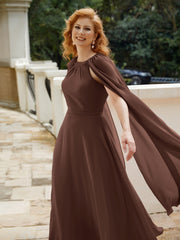 Robe de A-ligne à Col en Bijou Longueur de Mollet en Mousseline Chocolat