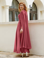 Robe de A-ligne à Col en Bijou Longueur de Mollet en Mousseline Citron Cannelle Rose
