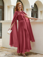 Robe de A-ligne à Col en Bijou Longueur de Mollet en Mousseline Citron Cannelle Rose