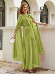 Robe de A-ligne à Col en Bijou Longueur de Mollet en Mousseline Trèfle