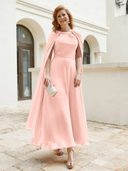Robe de A-ligne à Col en Bijou Longueur de Mollet en Mousseline Corail