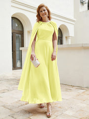 Robe de A-ligne à Col en Bijou Longueur de Mollet en Mousseline Jonquille
