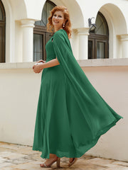 Robe de A-ligne à Col en Bijou Longueur de Mollet en Mousseline Vert Foncé