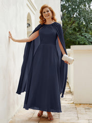 Robe de A-ligne à Col en Bijou Longueur de Mollet en Mousseline Bleu Marine Grande Taille