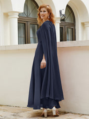 Robe de A-ligne à Col en Bijou Longueur de Mollet en Mousseline Bleu Marine Grande Taille