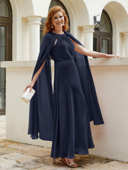 Robe de A-ligne à Col en Bijou Longueur de Mollet en Mousseline Bleu Marine Grande Taille