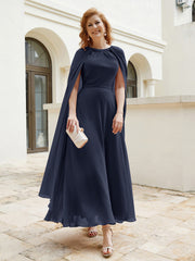 Robe de A-ligne à Col en Bijou Longueur de Mollet en Mousseline Bleu Marine Grande Taille