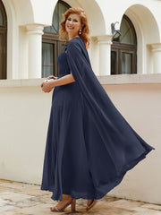 Robe de A-ligne à Col en Bijou Longueur de Mollet en Mousseline Bleu Marine Grande Taille