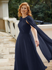 Robe de A-ligne à Col en Bijou Longueur de Mollet en Mousseline Bleu Marine Grande Taille