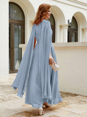 Robe de A-ligne à Col en Bijou Longueur de Mollet en Mousseline Bleu Poudré Grande Taille