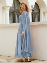 Robe de A-ligne à Col en Bijou Longueur de Mollet en Mousseline Bleu Poudré Grande Taille
