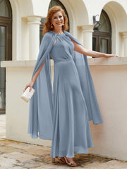 Robe de A-ligne à Col en Bijou Longueur de Mollet en Mousseline Bleu Poudré Grande Taille