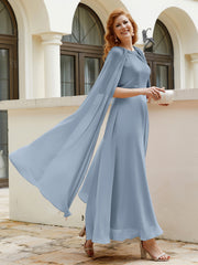 Robe de A-ligne à Col en Bijou Longueur de Mollet en Mousseline Bleu Poudré Grande Taille