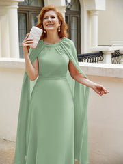 Robe de A-ligne à Col en Bijou Longueur de Mollet en Mousseline Sauge Poudrée