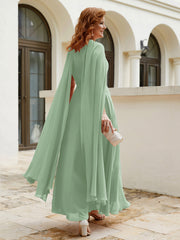 Robe de A-ligne à Col en Bijou Longueur de Mollet en Mousseline Sauge Poudrée
