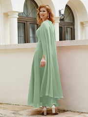 Robe de A-ligne à Col en Bijou Longueur de Mollet en Mousseline Sauge Poudrée