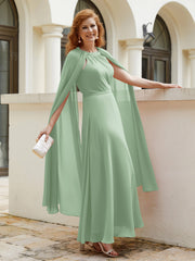 Robe de A-ligne à Col en Bijou Longueur de Mollet en Mousseline Sauge Poudrée