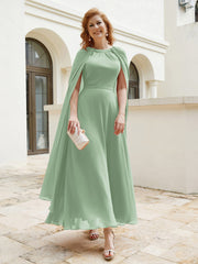 Robe de A-ligne à Col en Bijou Longueur de Mollet en Mousseline Sauge Poudrée