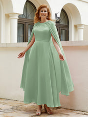 Robe de A-ligne à Col en Bijou Longueur de Mollet en Mousseline Sauge Poudrée