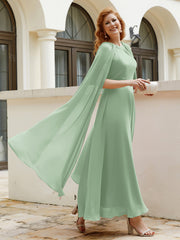Robe de A-ligne à Col en Bijou Longueur de Mollet en Mousseline Sauge Poudrée