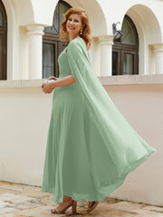 Robe de A-ligne à Col en Bijou Longueur de Mollet en Mousseline Sauge Poudrée