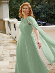 Robe de A-ligne à Col en Bijou Longueur de Mollet en Mousseline Sauge Poudrée
