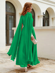 Robe de A-ligne à Col en Bijou Longueur de Mollet en Mousseline Emeraude