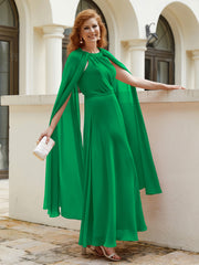 Robe de A-ligne à Col en Bijou Longueur de Mollet en Mousseline Emeraude