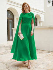 Robe de A-ligne à Col en Bijou Longueur de Mollet en Mousseline Emeraude