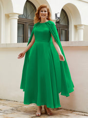 Robe de A-ligne à Col en Bijou Longueur de Mollet en Mousseline Emeraude