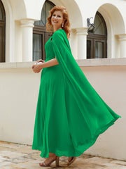 Robe de A-ligne à Col en Bijou Longueur de Mollet en Mousseline Emeraude