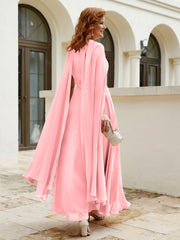 Robe de A-ligne à Col en Bijou Longueur de Mollet en Mousseline Flamant Grande Taille