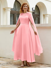 Robe de A-ligne à Col en Bijou Longueur de Mollet en Mousseline Flamant Grande Taille
