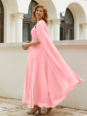 Robe de A-ligne à Col en Bijou Longueur de Mollet en Mousseline Flamant Grande Taille