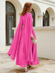Robe de A-ligne à Col en Bijou Longueur de Mollet en Mousseline Fuchsia Grande Taille