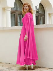 Robe de A-ligne à Col en Bijou Longueur de Mollet en Mousseline Fuchsia Grande Taille