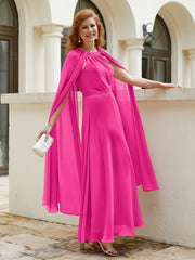 Robe de A-ligne à Col en Bijou Longueur de Mollet en Mousseline Fuchsia Grande Taille