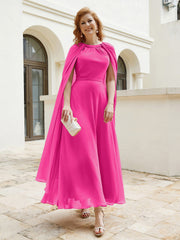 Robe de A-ligne à Col en Bijou Longueur de Mollet en Mousseline Fuchsia Grande Taille