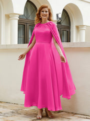 Robe de A-ligne à Col en Bijou Longueur de Mollet en Mousseline Fuchsia Grande Taille