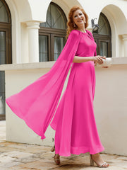 Robe de A-ligne à Col en Bijou Longueur de Mollet en Mousseline Fuchsia Grande Taille