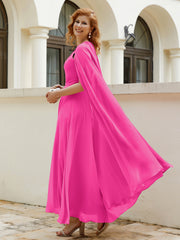 Robe de A-ligne à Col en Bijou Longueur de Mollet en Mousseline Fuchsia Grande Taille