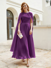 Robe de A-ligne à Col en Bijou Longueur de Mollet en Mousseline Raisin