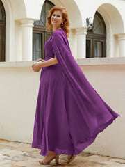 Robe de A-ligne à Col en Bijou Longueur de Mollet en Mousseline Raisin