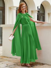 Robe de A-ligne à Col en Bijou Longueur de Mollet en Mousseline Vert